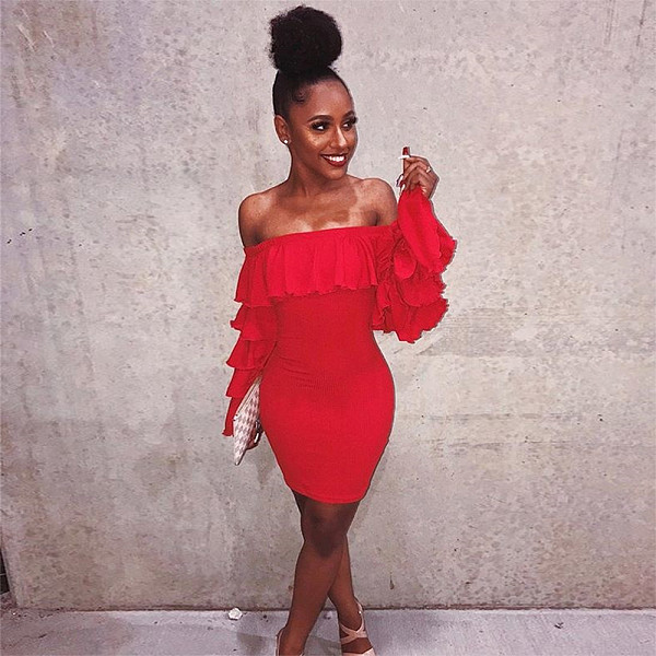 Sexy Off Shoulder Ruffles Package Hips Nightclub Mini Dress BN-9047