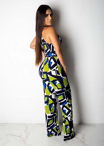 Geometric Printed Sleeveless Long Jumpsuit (with Belt) ML-7200