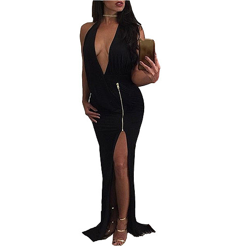 Hot Sexy Open Back Halter Split Nightclub Maxi Dress BN-9023