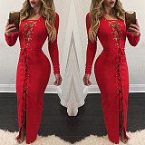 Red Long Sleeves Lace-up Skinny Maxi Dress BN-9046