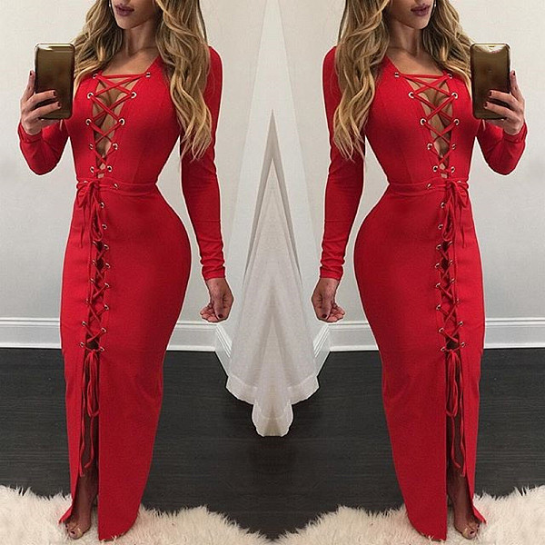 Red Long Sleeves Lace-up Skinny Maxi Dress BN-9046