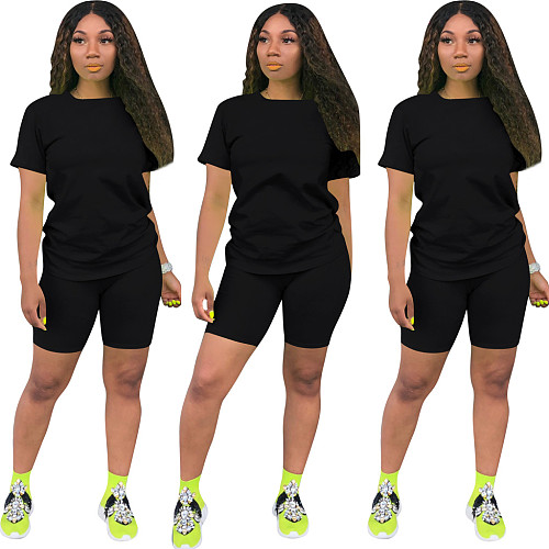 Solid Color Round Neck Short Sleeves Leisure Cotton Two Pieces Set TE-3998