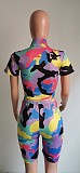 Fashion Camouflage High Waist Zipper 2 Piece Short Set Womens HMS-5286