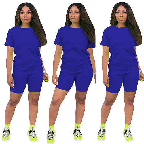 Solid Color Round Neck Short Sleeves Leisure Two Pieces Set TE-3779