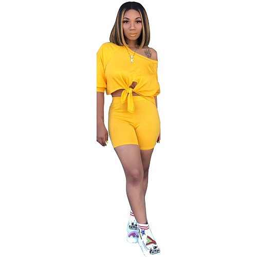 Solid Color Off Shoulder Crop Top And Skinny Shorts 2 Pieces Outfits XMY-9163