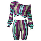 Stylish Prints Hubble-bubble Sleeve Crop Top With Bodycon Shorts Two Pieces Outfits XMY-9178