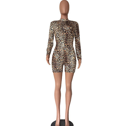 Fashion Leopard Print Long Sleeves Short Jumpsuit XMY-9215