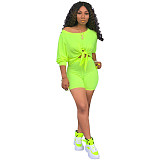Solid Color Off Shoulder Crop Top And Skinny Shorts 2 Pieces Outfits XMY-9163
