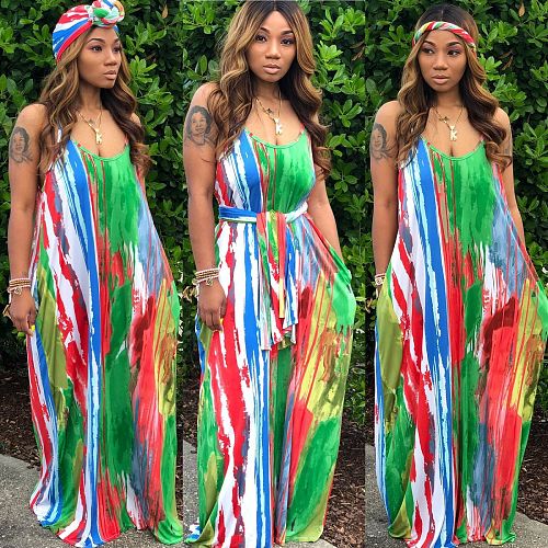 Stylish Tie-dye Sleeveless Loose Straps Maxi Dress XMY-9183