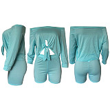 Solid Color Off Shoulder Crop Top And Skinny Shorts 2 Pieces Outfits XMY-9163
