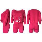Solid Color Off Shoulder Crop Top And Skinny Shorts 2 Pieces Outfits XMY-9163