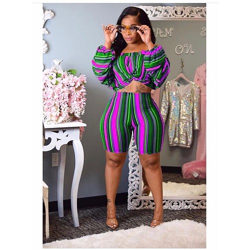 Stylish Prints Hubble-bubble Sleeve Crop Top With Bodycon Shorts Two Pieces Outfits XMY-9178