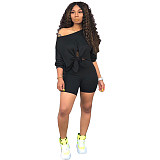 Solid Color Off Shoulder Crop Top And Skinny Shorts 2 Pieces Outfits XMY-9163