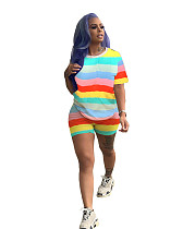 Lovely Sports Rainbow Stripe Leisure Two Pieces Short Set MTY-6198