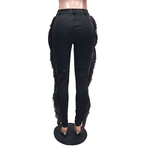 Black Tassel High Waist Skinny Long Pants SH-3702
