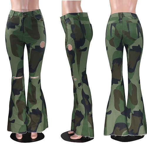 Clearance Sale New Women Broken Holes Skinny Flared Pants MOF-5111