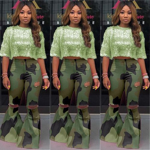 Clearance Sale New Women Broken Holes Skinny Flared Pants MOF-5111