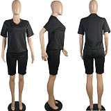 Casual Solid Color V Neck Pocket Shorts 2 Pieces Suits TK-6065