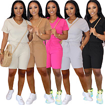 Casual Solid Color V Neck Pocket Shorts 2 Pieces Suits TK-6065