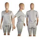 Casual Solid Color V Neck Pocket Shorts 2 Pieces Suits TK-6065