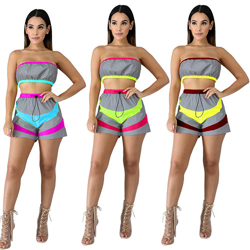 Sexy Wrapped Chest Tube Top And Patchwork Shorts 2 Pieces Suits LA-3097