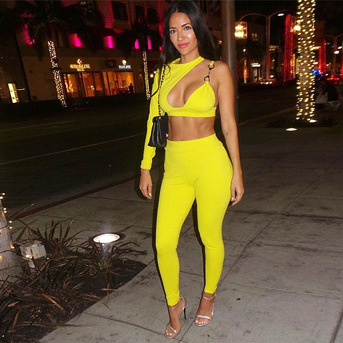 Sexy Single Sleeve Crop Top And Bodycon Pants 2 Pieces Suits BN-9851
