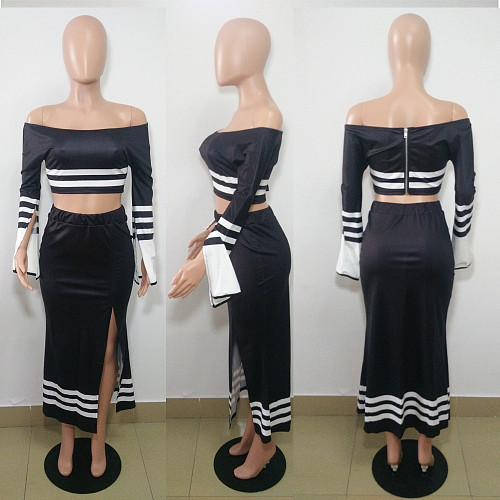 Sexy Off Shoulder Flared Sleeve Crop Top And Split Skirt 2 Pieces Set BN-9831