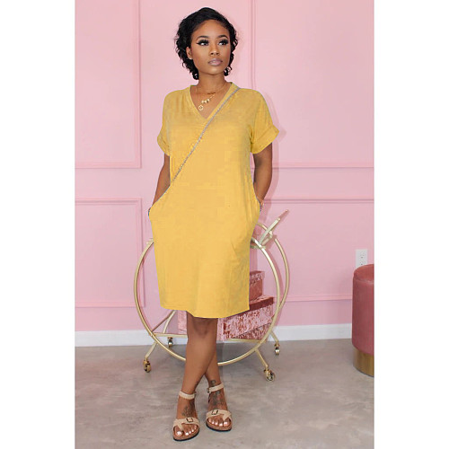 Leisure Solid Color V Neck Short Sleeves Loose Midi Dress NY-8896