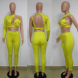 Sexy Single Sleeve Crop Top And Bodycon Pants 2 Pieces Suits BN-9851