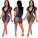 Sexy Snake Printed Mesh Splicing Deep V Two Pieces Short Sets LM-8131