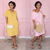 Leisure Solid Color V Neck Short Sleeves Loose Midi Dress NY-8896