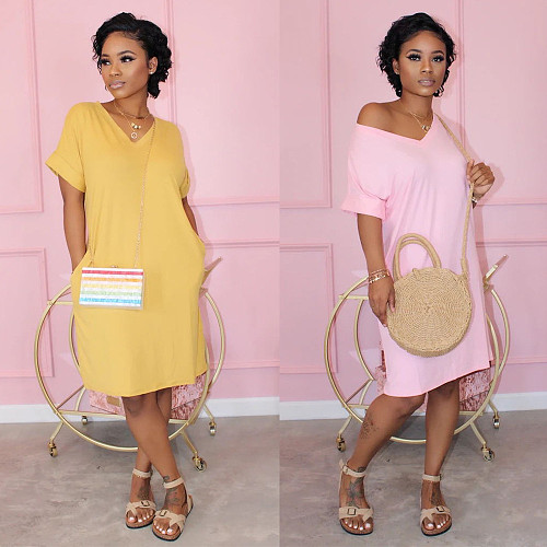 Leisure Solid Color V Neck Short Sleeves Loose Midi Dress NY-8896