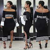 Sexy Off Shoulder Flared Sleeve Crop Top And Split Skirt 2 Pieces Set BN-9831