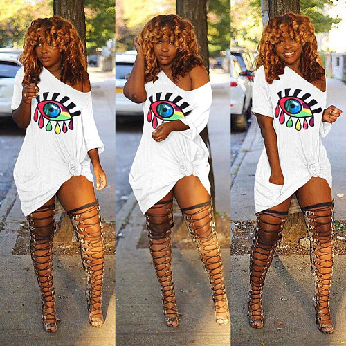 Casual Eyes Printed Short Sleeves Loose Short Dress QY-5165