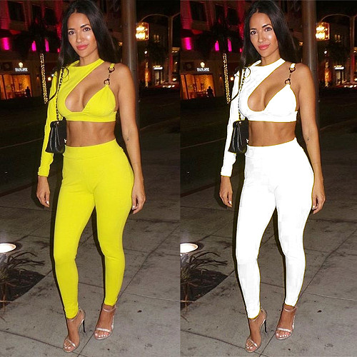 Sexy Single Sleeve Crop Top And Bodycon Pants 2 Pieces Suits BN-9851