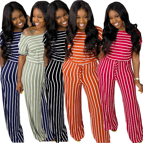 Spring Stripes Leisure Short Sleeve Women Jumpsuits LS-0299