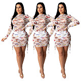 Sexy Transparent Gauze Long Sleeve Butterfly Print Mini Dress SHD-9219