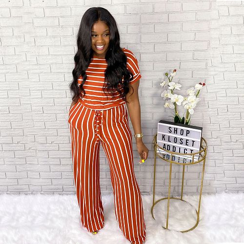 Spring Stripes Leisure Short Sleeve Women Jumpsuits LS-0299