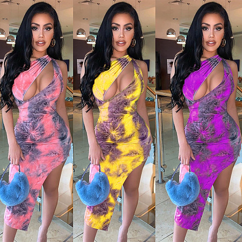 Vogue Printed Oblique Shoulder Irregular Midi Dress BGN-045
