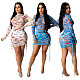 Sexy Transparent Gauze Long Sleeve Butterfly Print Mini Dress SHD-9219