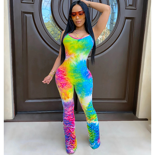 Fashion Tie-dye Sleeveless Folds Long Jumpsuit CHY-1218