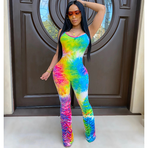 Fashion Tie-dye Sleeveless Folds Long Jumpsuit CHY-1218