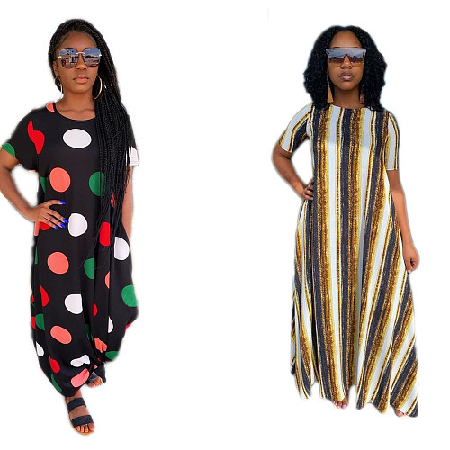 Women Round Collar Short Sleeves Loose Pocket Maxi Dress MK-3001