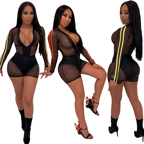 Sexy Perspective Mesh Long Sleeves Romper LA-3087