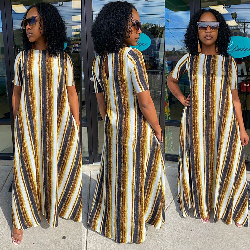 Women Round Collar Short Sleeves Loose Pocket Maxi Dress MK-3001