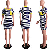 Casual Short Sleeve Round Neck Stripes Pocket Mini T-shirt Dress SH-3617