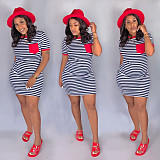 Casual Short Sleeve Round Neck Stripes Pocket Mini T-shirt Dress SH-3617
