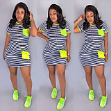 Casual Short Sleeve Round Neck Stripes Pocket Mini T-shirt Dress SH-3617