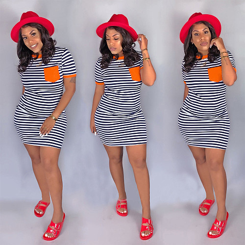 Casual Short Sleeve Round Neck Stripes Pocket Mini T-shirt Dress SH-3617