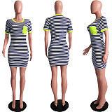 Casual Short Sleeve Round Neck Stripes Pocket Mini T-shirt Dress SH-3617